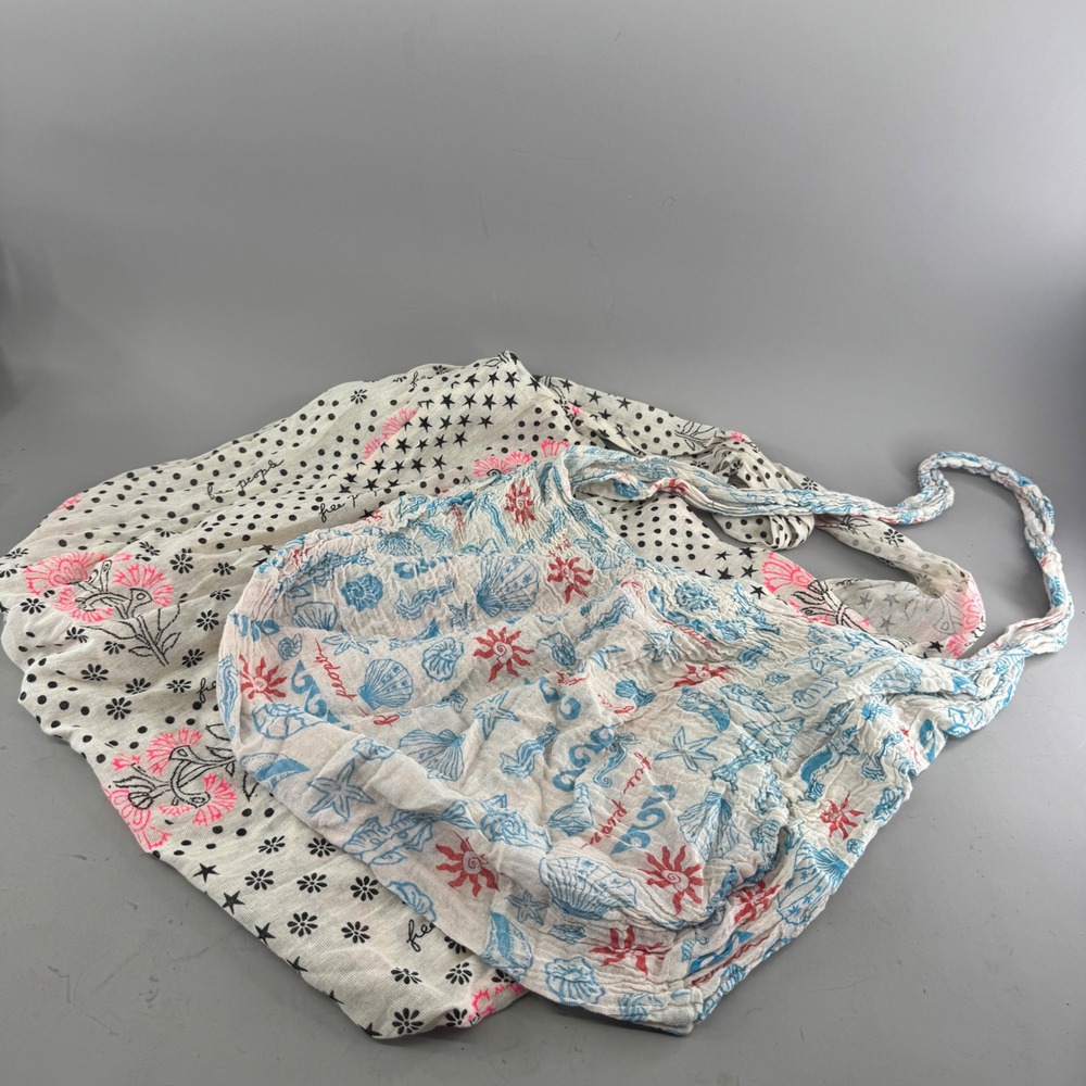 Free People Lot of 2 Cotton Gauze Tote Bags Boho Seashell Celestial Print White